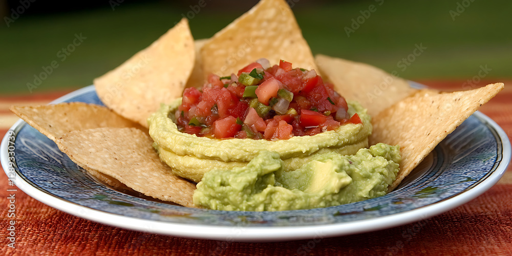 Tortilla chips surround hummus topped with salsa alongside guacamole on a decorated plate. Tortilla chips surround hummus topped with salsa alongside guacamole on a decorated plate.