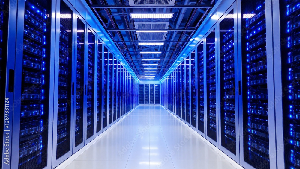 Fototapeta premium Futuristic Data Center Server Room with Blue LED Lights