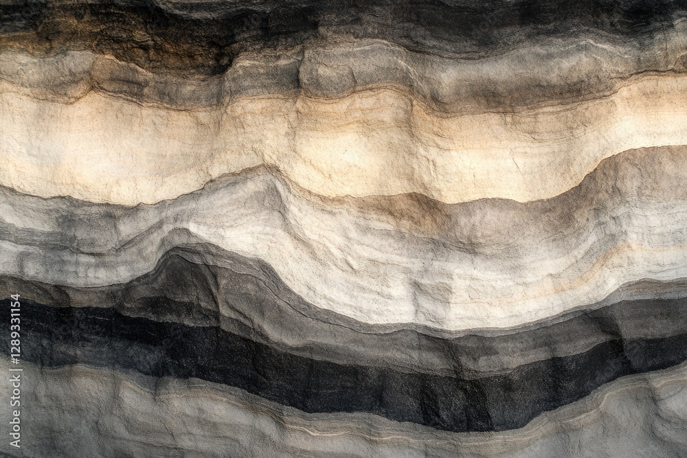 Naklejka premium Layered sedimentary rock formation showcasing varying shades of grey and beige, exhibiting unique geological patterns.