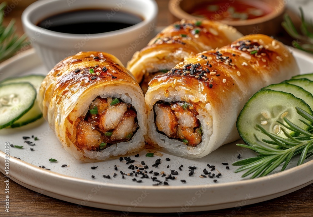 Delicious sushi rolls with grilled chicken and sesame seeds served with soy sauce and spicy sauce on a round plate with fresh cucumber slices Delicious sushi rolls with grilled chicken and sesame seeds served with soy sauce and spicy sauce on a round plate with fresh cucumber slices