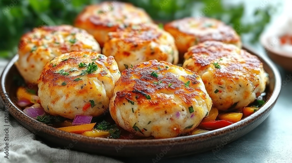 Pan-fried fish cakes, peppers, herbs, close-up, food photography, recipe Pan-fried fish cakes, peppers, herbs, close-up, food photography, recipe