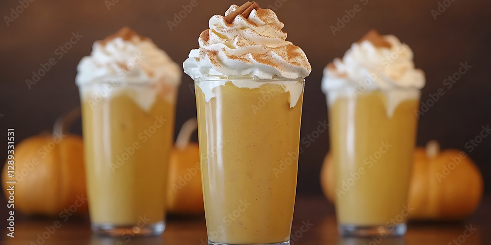 Three pumpkin spice drinks topped with whipped cream and cinnamon with pumpkins in the soft-focused background. Three pumpkin spice drinks topped with whipped cream and cinnamon with pumpkins in the soft-focused background.