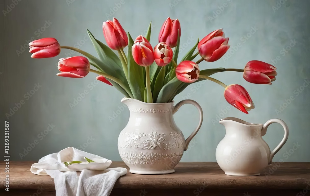 A still life painting of tulips and a jug on a table A still life painting of tulips and a jug on a table