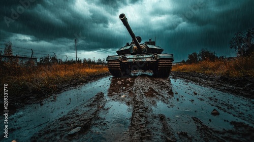 A dramatic view of a tank on a muddy road amidst a stormy sky, evoking a sense of tension and conflict