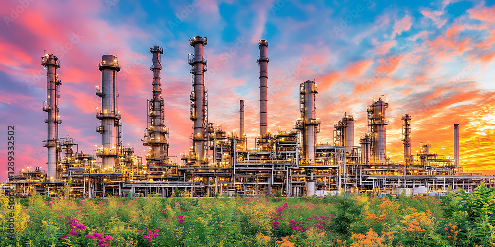 Obraz premium Industrial refinery complex illuminated at dusk set against a vibrant sky and lush flowering foreground.