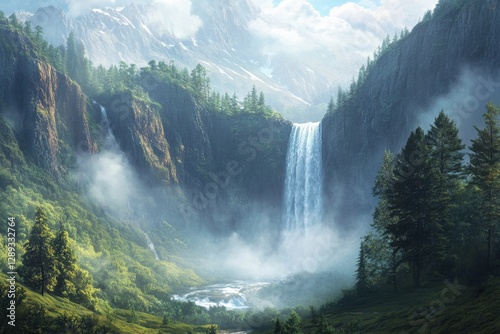 Majestic Waterfall in Misty Landscape  
