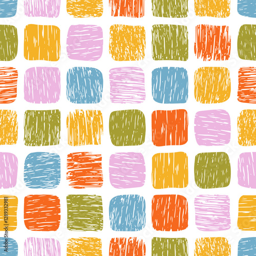 Seamless pattern with scribble square shapes. Colorful children drawings pencil crayon texture. Fun background for playful packaging, scrapbooking, cover, textile print, child creative design