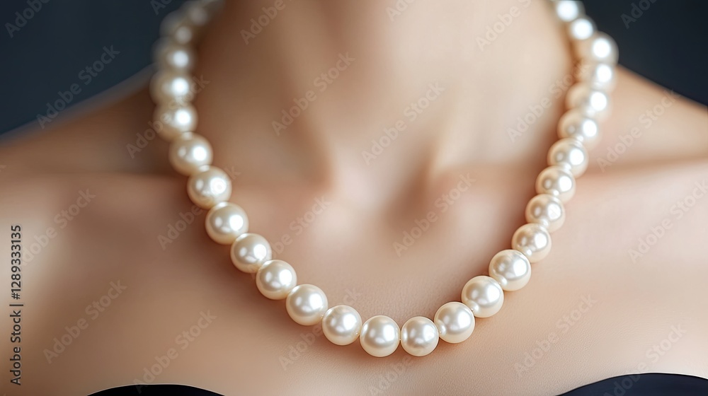 Elegant close-up of a classic pearl necklace resting on a bare collarbone, showcasing its luxurious shine and timeless beauty Elegant close-up of a classic pearl necklace resting on a bare collarbone, showcasing its luxurious shine and timeless beauty
