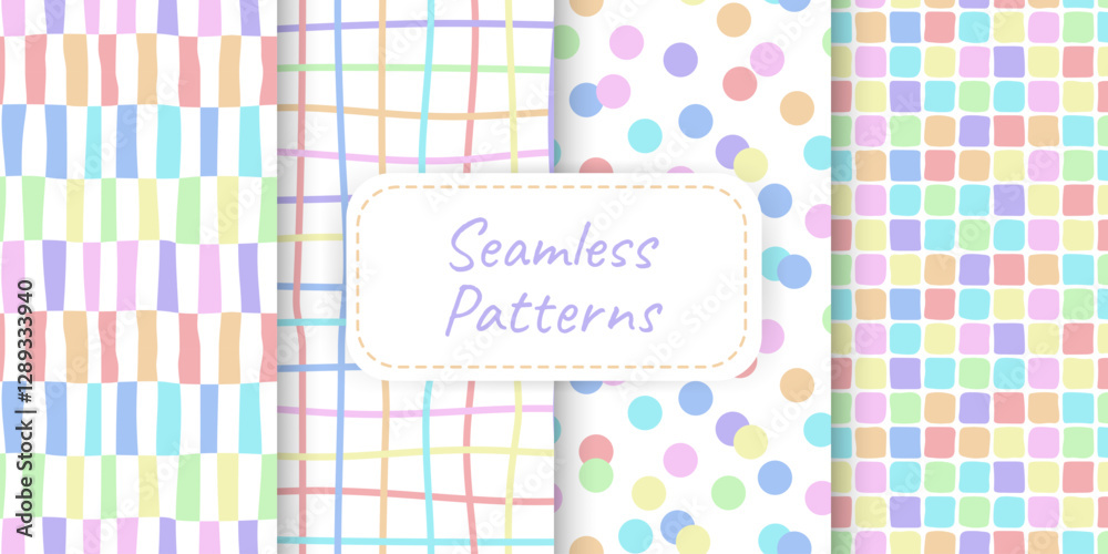 Vector set of four geometric seamless patterns in soft pastel color and playful hand drawn elements. Ideal for fabric print packaging wallpaper scrapbooking social media graphics invitation stationery
