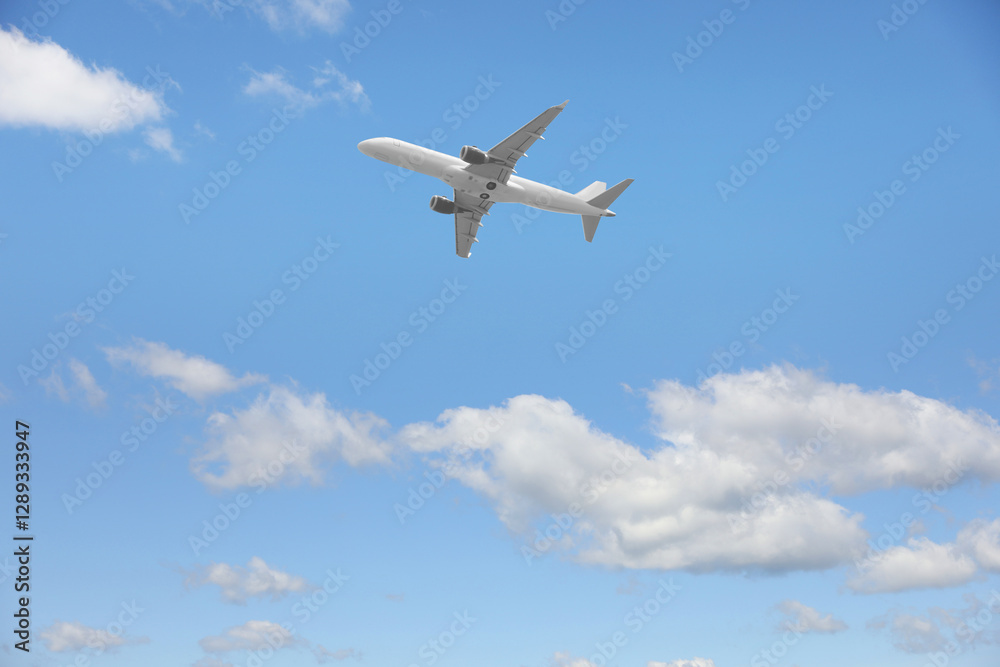 Airplane flying in beautiful blue sky with clouds Airplane flying in beautiful blue sky with clouds