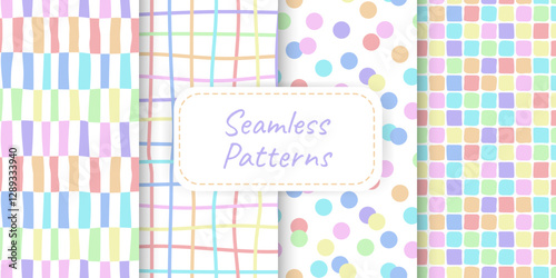 Vector set of four geometric seamless patterns in soft pastel color and playful hand drawn elements. Ideal for fabric print packaging wallpaper scrapbooking social media graphics invitation stationery