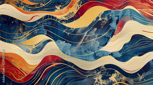 A dynamic abstract wave design with cascading curves in bold shades of pink, turquoise, and golden yellow.