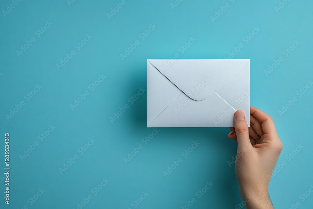 Fototapeta premium A hand holds a pristine white envelope against a serene pastel blue backdrop, perfect for invitations, newsletters, or personal messaging during events or holidays.