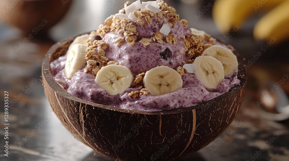 Fototapeta premium A fresh coconut bowl filled with acai topped with granola banana slices and coconut flakes. Generative AI