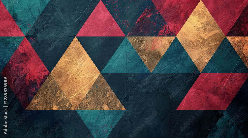 Fototapeta premium A geometric abstract layout featuring tessellated triangles in bold gradients of navy blue, gold, and emerald green.