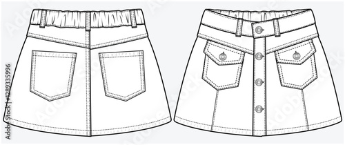 FRONT BUTTONED DENIM A LINE SKIRT WITH UTILITY POCKET DETAIL DESIGNED FOR TWEEN GIRLS KID GIRLS AND TEEN GIRLS IN VECTOR FILE.