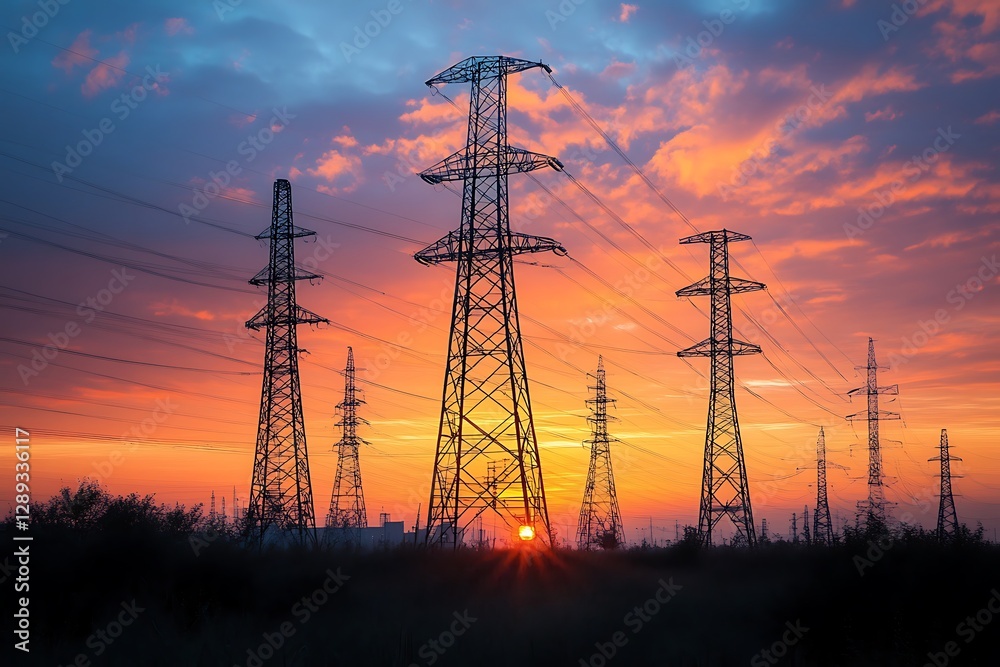 Naklejka premium Power Lines Silhouette at Sunset