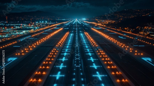 Aerial view of illuminated airport taxiways at night