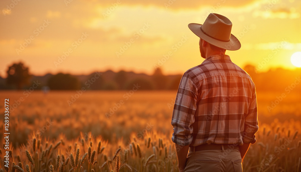Fototapeta premium Farmer inspecting wheat field at sunset, embodying dedication and hard work in golden glow, agricultural journey.