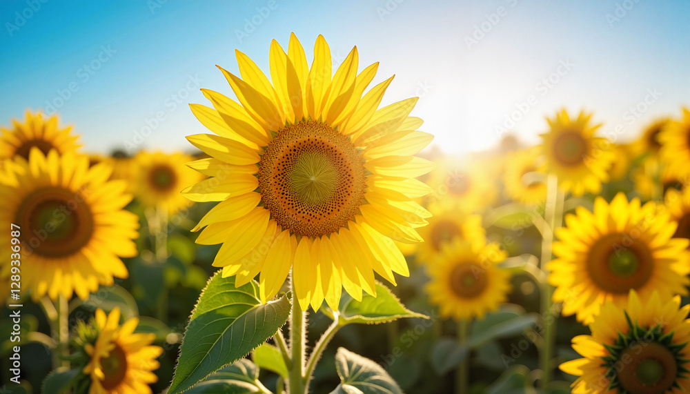 Fototapeta premium Vibrant sunflower field in peak bloom under a clear blue sky, symbolizing optimism and growth.