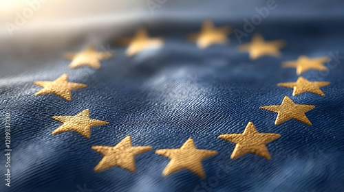 European Union flag, close-up, fabric texture, sunlight