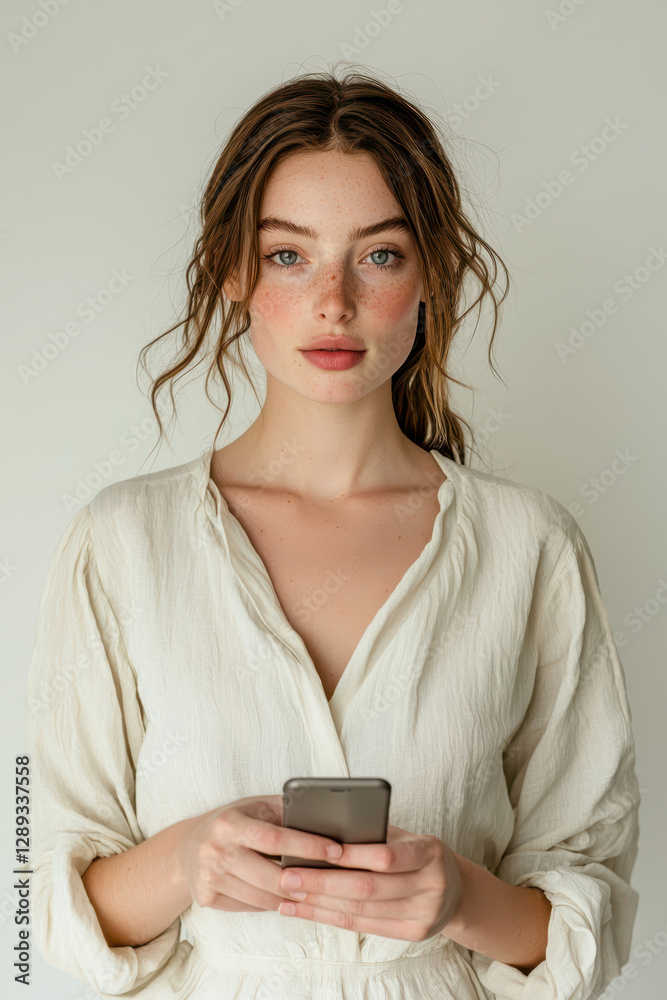 Captivating Portrait of a Young Woman Engaged with Her Mobile Phone in a Minimalist Lifestyle Setting Captivating Portrait of a Young Woman Engaged with Her Mobile Phone in a Minimalist Lifestyle Setting