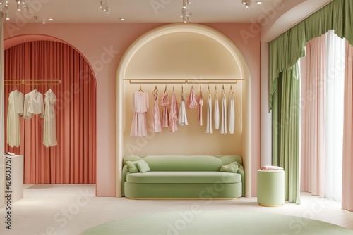 Pastel Dressing Room with Green Sofa and Hanging Clothes