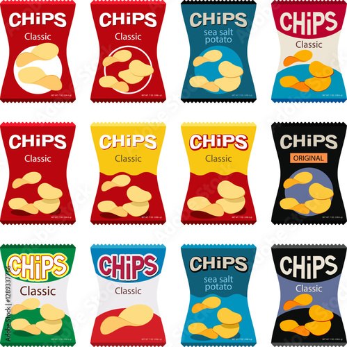 vector set of potato chips packages isolated on white background. snack concept. foil bags with potato snack