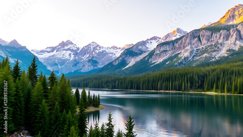 Serene lake with reflections of dense evergreen forests and majestic snow-capped mountains, showcasing natural beauty and tranquility