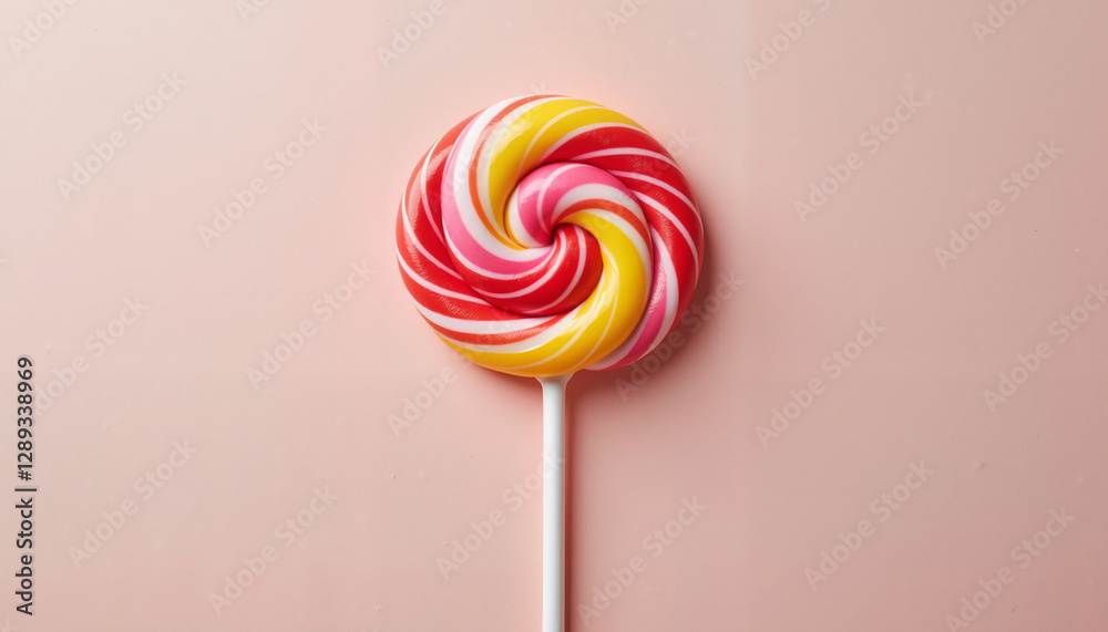 Colorful lollipop with a swirl design against a soft blush pink background, playful yet professional appeal of handcrafted sweets. Colorful lollipop with a swirl design against a soft blush pink background, playful yet professional appeal of handcrafted sweets.