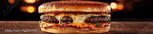 Obraz  z motywem Cheese-filled burger with a toasted bun and melted cheese filling. Generative AI