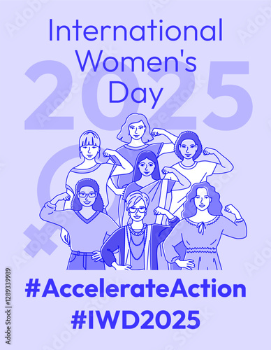 Accelerate Action campaign pose. International Women's Day 2025. Stylized hand drawn women show strong arm with clenched fist in solidarity and support in the fight for women's rights, gender equality
