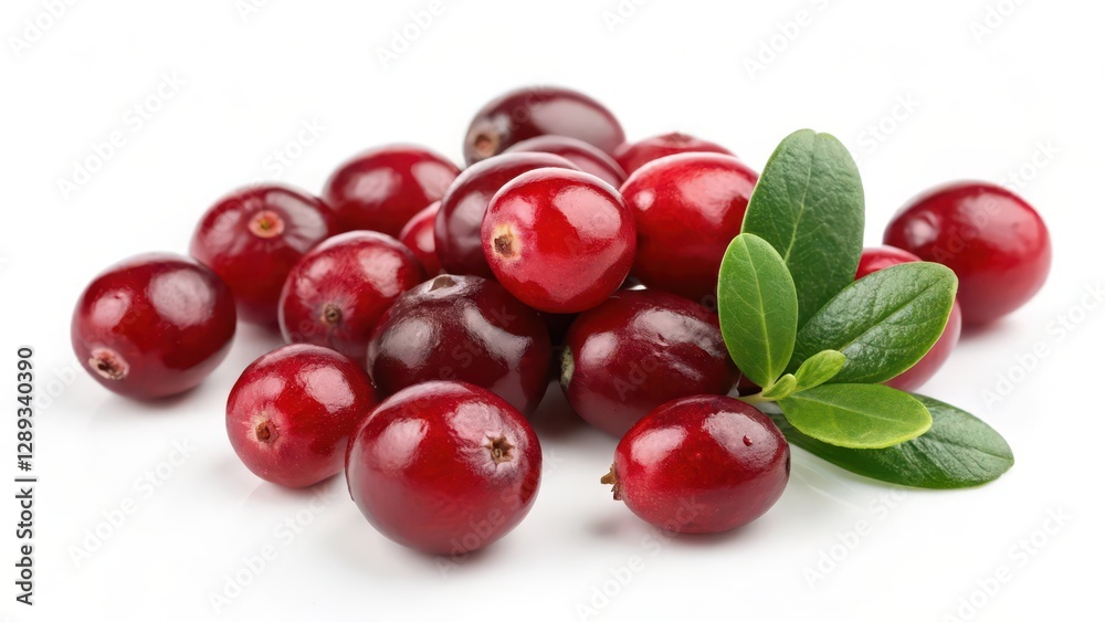 Cranberries with Leaves on White Background Cranberries with Leaves on White Background