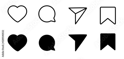 icons: Like, comment, share, save. social media interface icon set in line style. like, comment, share, message and save simple black style symbol sign for apps and website, vector