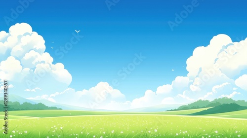 Green field with wheat ears on blue sky background. 