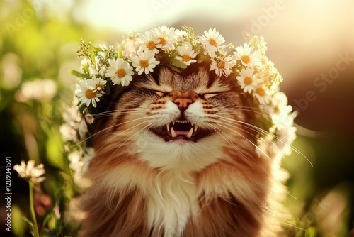 Golden sunrise. Cute adult cat persian wearing primal flower circlet on its head. Warm season happiness. Catâ€™s holiday escape in nature. Smiling little pet explorer. Cat with flower wreath.