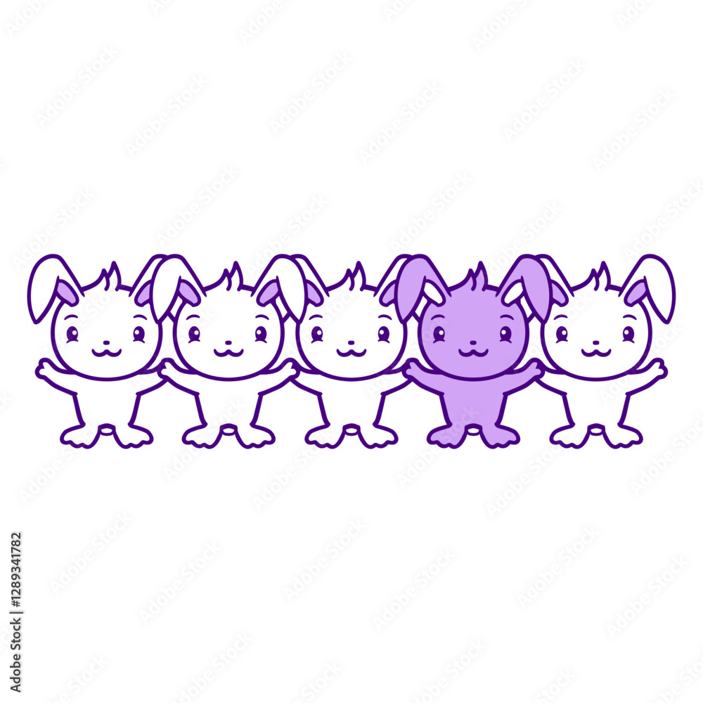 Naklejka premium 5 Rabbit Friends Difference Be Different Quote Fun Design Lover Art Vector Illustration Card T-Shirt Poster Sticker Graphic Print Decorative Drawing Isolated Logo Decoration Symbol Creative Cool Style