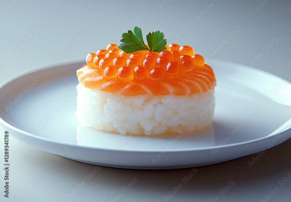 Elegant sushi presentation featuring salmon sashimi topped with vibrant orange fish roe, garnished with fresh green herb on a white plate