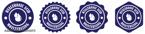 Hyaluronic acid icons, collagen emblem on white background. Hyaluronic acid moisturizing label design. Skincare product badge with water drop. Cosmetic packaging seal template. Vector illustration