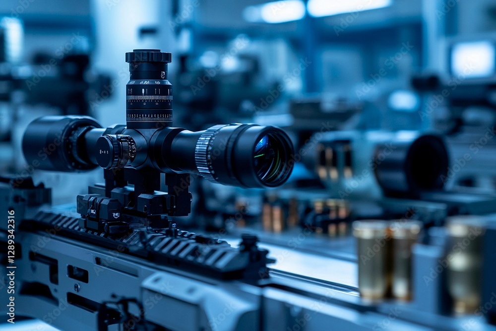 A high-tech rifle scope is mounted on a precision rifle in a well-equipped gunsmithing workshop. The space is filled with tools and ammunition, showcasing expert craftsmanship A high-tech rifle scope is mounted on a precision rifle in a well-equipped gunsmithing workshop. The space is filled with tools and ammunition, showcasing expert craftsmanship