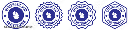 Hyaluronic acid rounded zigzag badge collection set on white background. Skincare product badge with water drop. Cosmetic packaging seal template. Water droplet symbol for beauty brand. Vector icons