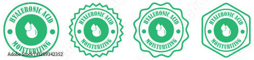 Hyaluronic acid badge collection set on white background. Skincare guideline sticker collection. Certified moisturizing skincare label. Hyaluronic moisture drop icon badge. Vector illustration