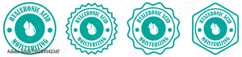 Hyaluronic acid badge set collection on white background. Hyaluronic acid moisturizing label design. Skincare product badge with water drop. Water drop icon for skincare label. Vector illustration 