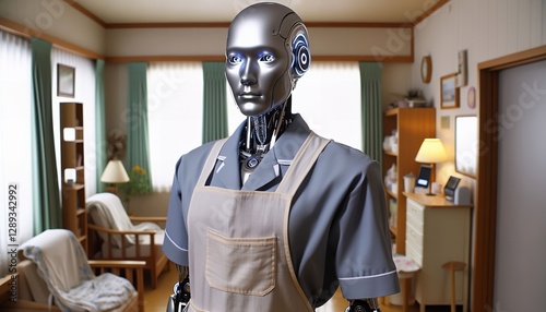 A humanoid robot dressed in a maid's uniform stands in a modern living room, showcasing the future of home assistance.
