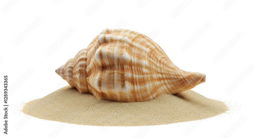 A delicate sea shell sits atop a mound of fine sand, displayed in a side view. The soft, neutral tones of the shell and sand contrast beautifully against the clean white background A delicate sea shell sits atop a mound of fine sand, displayed in a side view. The soft, neutral tones of the shell and sand contrast beautifully against the clean white background