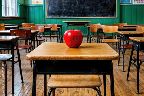 A large red apple sits alone atop a polished wooden desk in an empty classroom, with rows of vintage wooden chairs facing the chalkboard, evoking memories of school days gone by.
