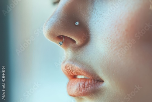 A close-up of a nose piercing with a tiny, diamond-studded stud, capturing the sparkle in natural light