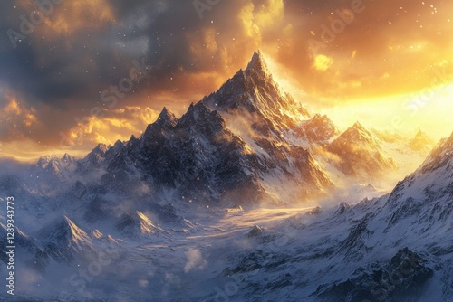 Sunset over a rugged mountain range with sharp peaks and snow-covered slopes, casting a warm golden light over the landscape.