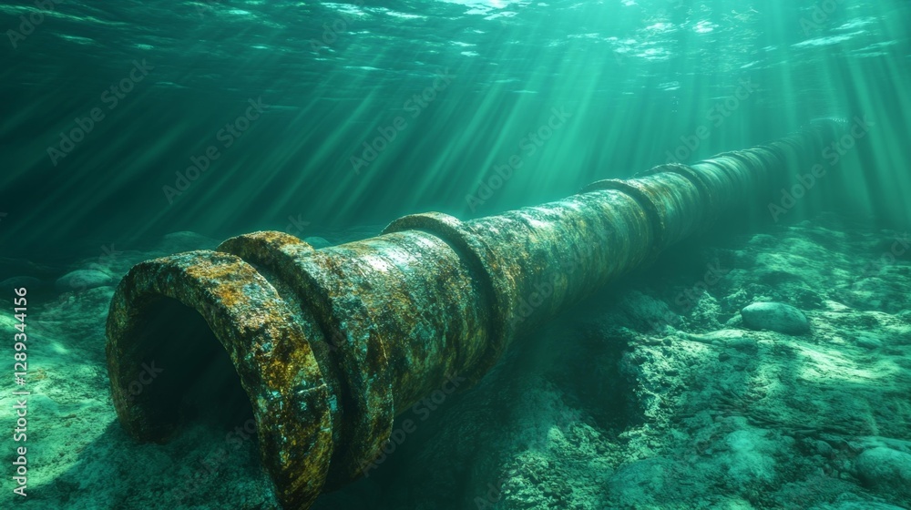 Rusty underwater pipeline in a deep trench illuminated by sunbeams. Generative AI Rusty underwater pipeline in a deep trench illuminated by sunbeams. Generative AI