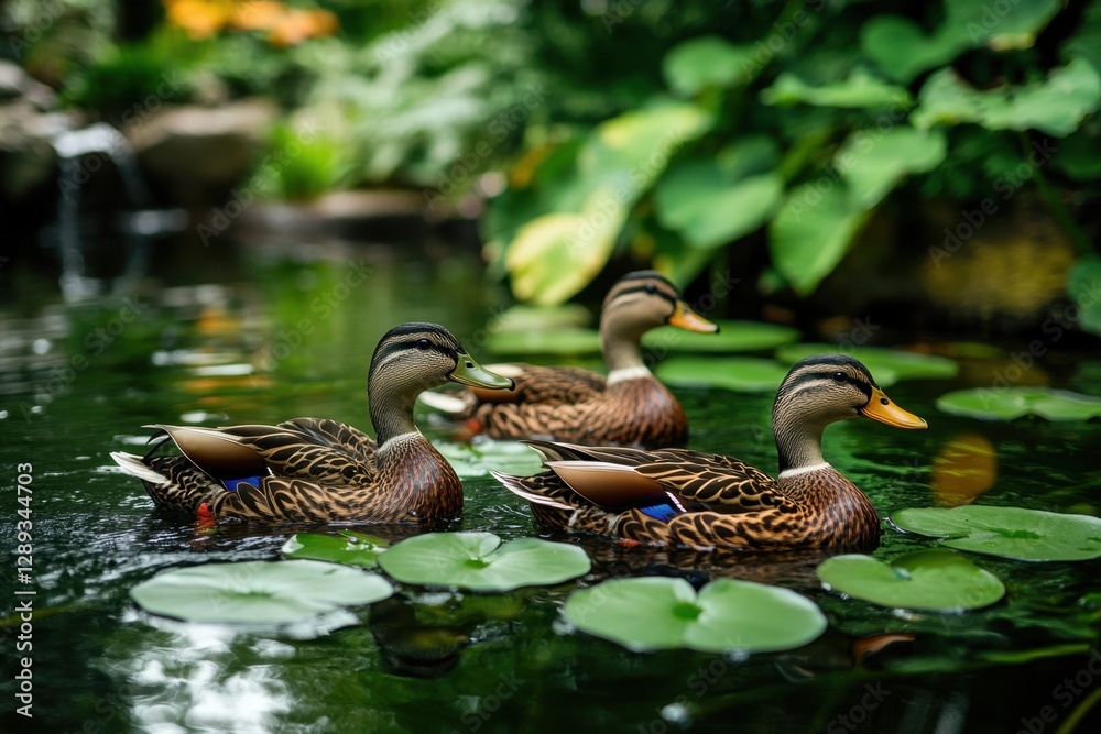 Three ducks swimming in a serene pond with lily pads, surrounded by lush greenery. Three ducks swimming in a serene pond with lily pads, surrounded by lush greenery.